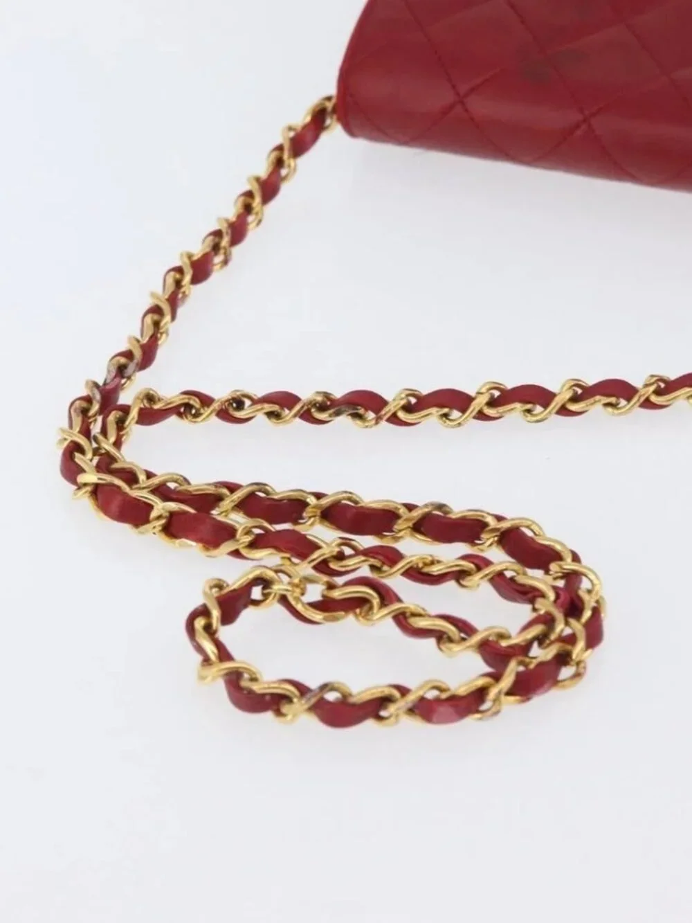 CHANEL Matelasse Chain Shoulder Bag Lamb Skin Red Gold CC Auth YKZ368